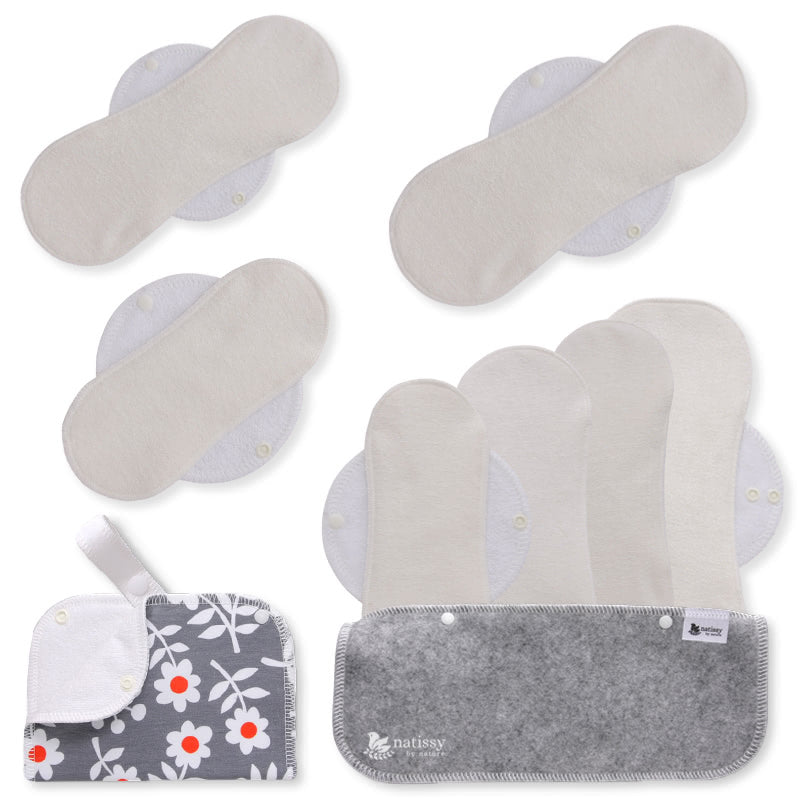 Reusable Menstrual Pads, 7-Pack Bamboo Reusable Sanitary Towels with Wings (sizes S, M, L, XL), MADE IN EU, for Menstrual Periods, Incontinence, Postpartum Flow; EXTRA Double Wet Bag with Strap; Washable Menstrual Cloth