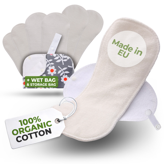Certified Bamboo Reusable Menstrual Pads with Wings, Multipack (Sizes S, M, L, XL) - Natural (white wings)