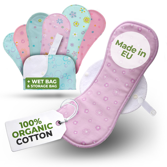 Organic Cotton Reusable Menstrual Pads with Wings Multipack (Sizes S, M, L, XL) - Pastel (white wings)