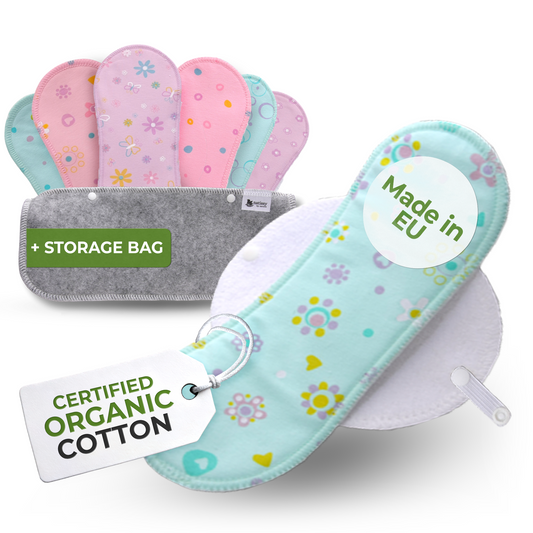 Organic Cotton Reusable Panty Liners with Wings 7-Pack (normal discharge) - Pastel (white wings)