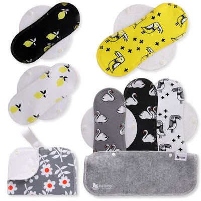 Reusable Menstrual Pads, 6-Pack Cotton Reusable Sanitary Towels with Wings (size S & M), MADE IN EU, for Menstrual Periods and Incontinence; EXTRA Double Wet Bag with Strap; Washable Menstrual Cloth