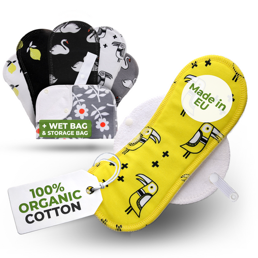Cotton Reusable Menstrual Pads with Wings 6-Pack (Sizes S & M) - Lemons (white wings)