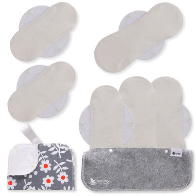 Reusable Menstrual Pads, 6-Pack Bamboo Reusable Sanitary Towels with Wings (size S & M), MADE IN EU, for Menstrual Periods and Incontinence; EXTRA Double Wet Bag with Strap; Washable Menstrual Cloth