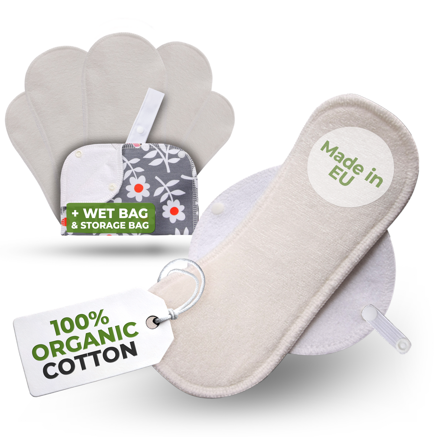 Certified Bamboo Reusable Menstrual Pads with Wings 6-Pack (Sizes S & M) - Natural (white wings)