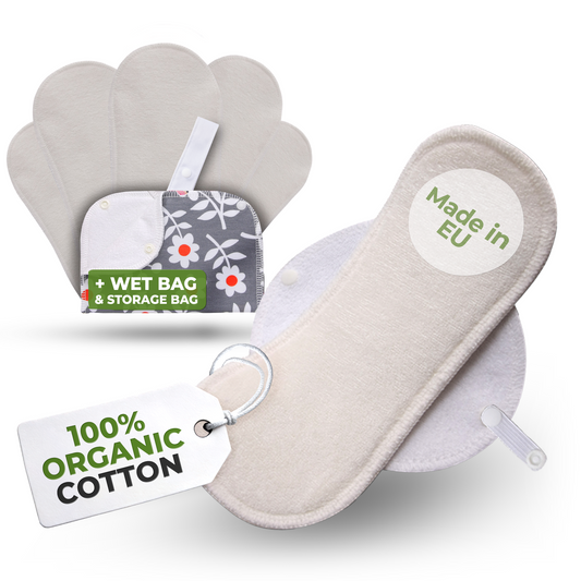 Certified Bamboo Reusable Menstrual Pads with Wings 6-Pack (Sizes S & M) - Natural (white wings)