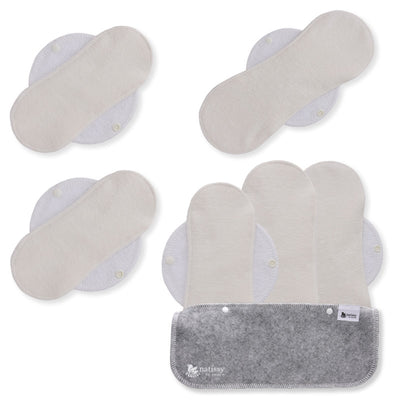 Reusable Menstrual Pads, 6-Pack Bamboo Reusable Sanitary Towels with Wings (size S & M), MADE IN EU, for Menstrual Periods and Incontinence; EXTRA Double Wet Bag with Strap; Washable Menstrual Cloth