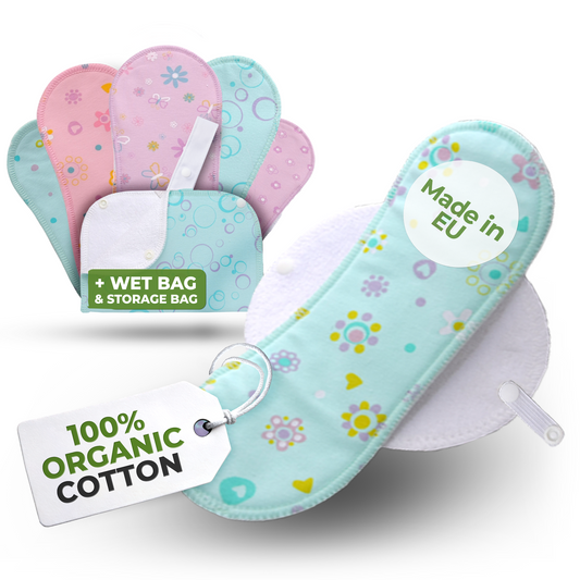 Organic Cotton Reusable Menstrual Pads with Wings 6-Pack (Sizes S & M) - Pastel (white wings)