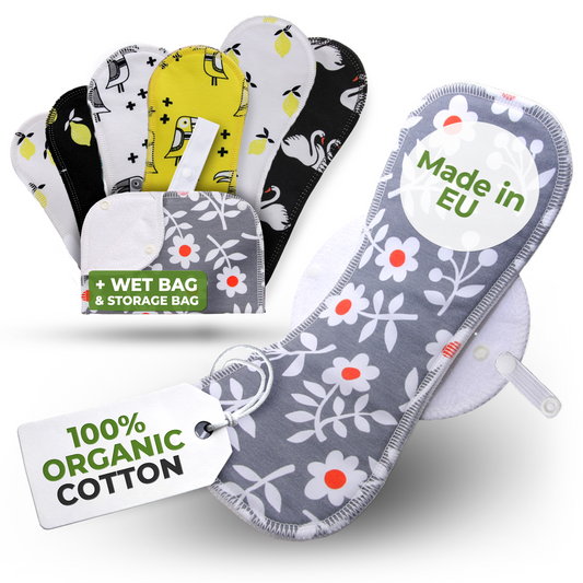 Organic Cotton Reusable Menstrual Pads with Wings Multipack (Sizes S, M, L, XL) - Lemons (white wings)