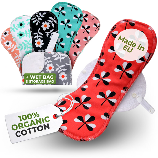 Organic Cotton Reusable Menstrual Pads with Wings 6-Pack (Sizes L & XL) - Flowers (white wings)