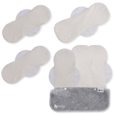 Reusable Menstrual Pads, 6-Pack Bamboo Reusable Sanitary Towels with Wings (size L & XL), MADE IN EU, for Menstrual Periods and Incontinence; EXTRA Double Wet Bag with Strap; Reusable Incontinence Towel