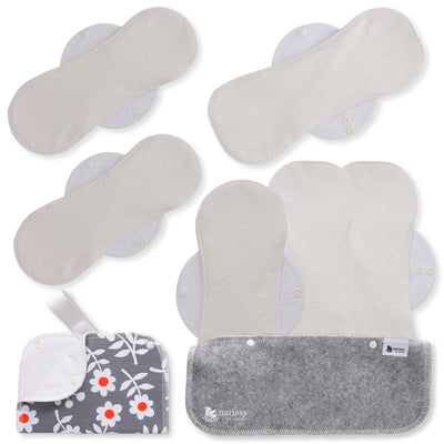 Reusable Menstrual Pads, 6-Pack Bamboo Reusable Sanitary Towels with Wings (size L & XL), MADE IN EU, for Menstrual Periods and Incontinence; EXTRA Double Wet Bag with Strap; Reusable Incontinence Towel