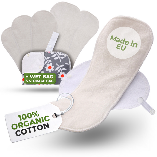 Certified Bamboo Reusable Menstrual Pads with Wings 6-Pack (Sizes L & XL) - Natural (white wings)