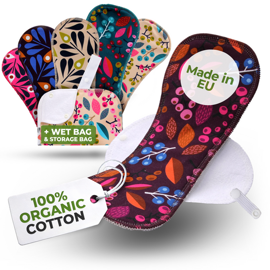 Organic Cotton Reusable Menstrual Pads with Wings 6-Pack (Sizes L & XL) - Grapes & Peacock (white wings)
