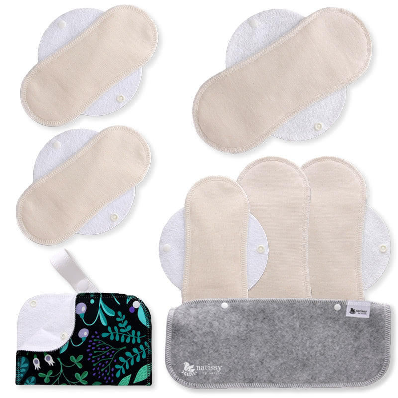 Reusable Menstrual Pads, 6-Pack Organic Cotton Reusable Sanitary Towels with Wings (size S & M), MADE IN EU, for Menstrual Periods and Incontinence; EXTRA Double Wet Bag with Strap; Washable Menstrual Cloth