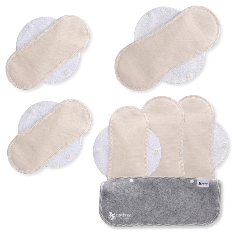 Reusable Menstrual Pads, 6-Pack Organic Cotton Reusable Sanitary Towels with Wings (size S & M), MADE IN EU, for Menstrual Periods and Incontinence; EXTRA Double Wet Bag with Strap; Washable Menstrual Cloth