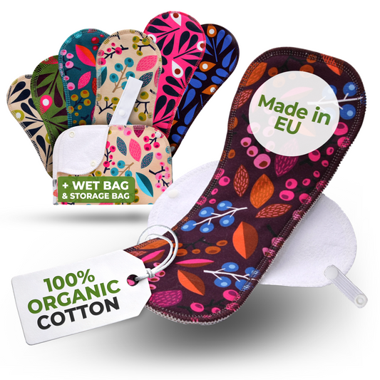 Organic Cotton Reusable Menstrual Pads with Wings Multipack (Sizes S, M, L, XL) - Grapes & Peacock (white wings)