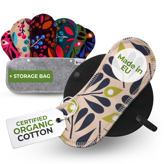 Organic Cotton Reusable Panty Liners with Wings 7-Pack (normal discharge) - Grapes & Peackock (black wings)