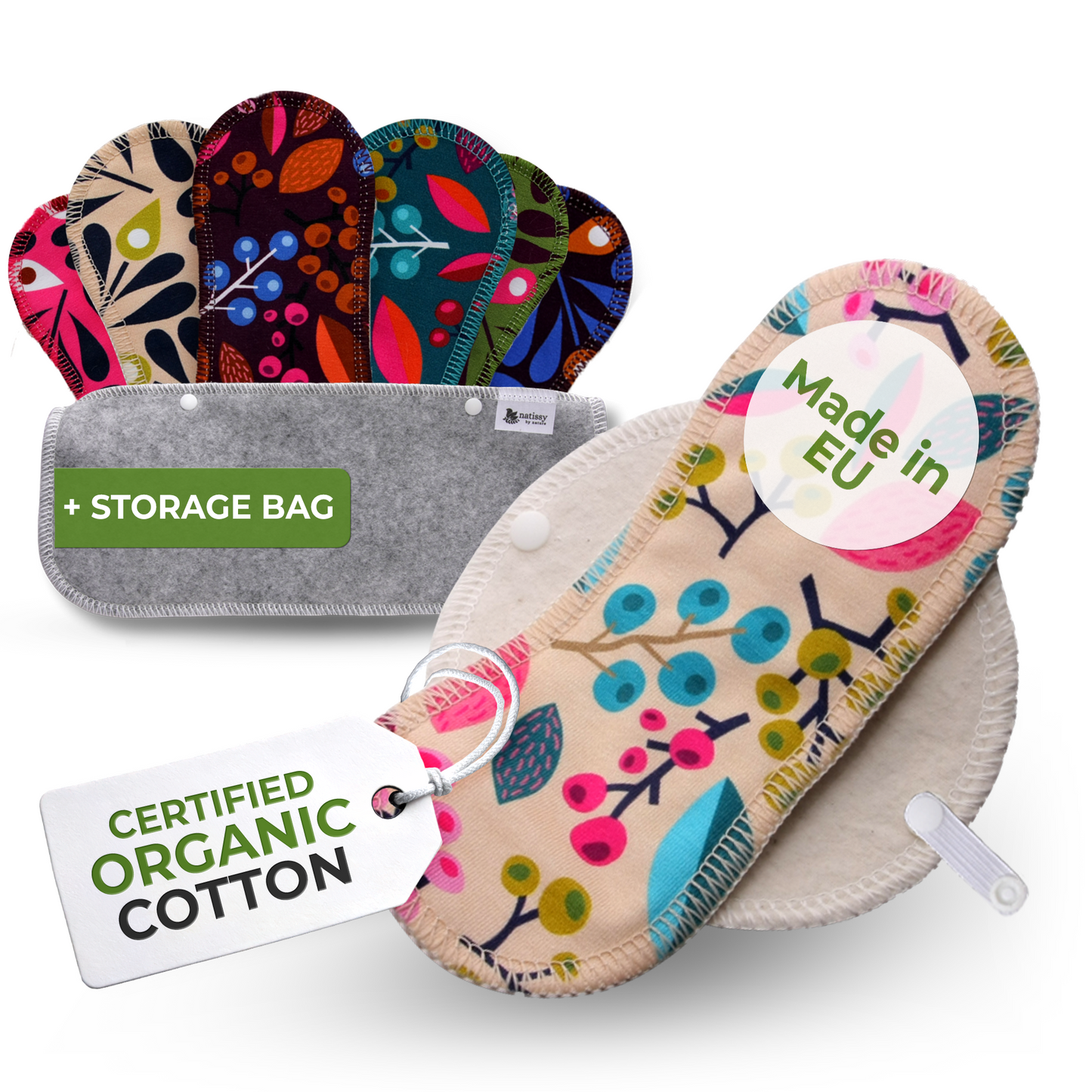 Organic Cotton Reusable Panty Liners with Wings 7-Pack (normal discharge) - Grapes & Peackock (white wings)