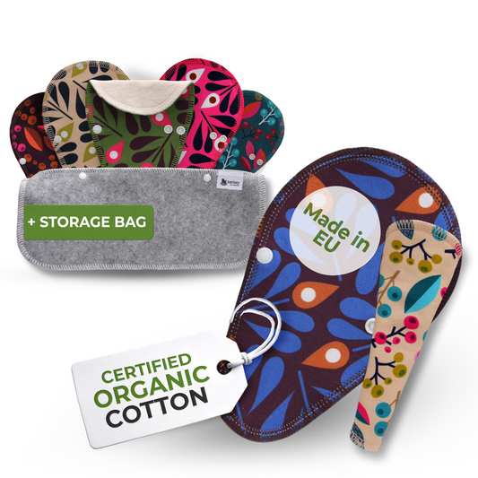 Organic Cotton Reusable TANGA Panty Liners with Wings 7-Pack - Grapes & Peacock (white wings)