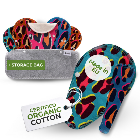 Organic Cotton Reusable TANGA Panty Liners with Wings 7-Pack - Cheetah (white wings)