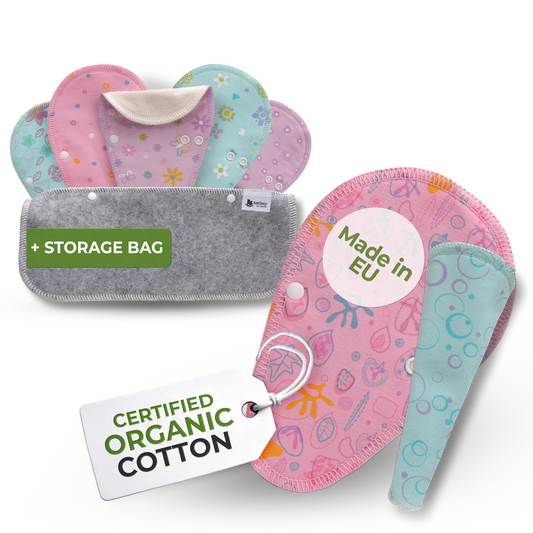 Organic Cotton Reusable TANGA Panty Liners with Wings 7-Pack - Pastel (white wings)