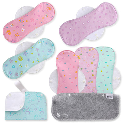 Reusable Menstrual Pads, 6-Pack Cotton Reusable Sanitary Towels with Wings (size L & XL), MADE IN EU, for Menstrual Periods and Incontinence; EXTRA Double Wet Bag with Strap; Reusable Incontinence Towel