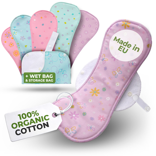 Organic Cotton Reusable Menstrual Pads with Wings 6-Pack (Sizes L & XL) - Pastel (white wings)