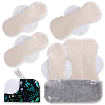 Reusable Menstrual Pads, 6-Pack Organic Cotton Reusable Sanitary Towels with Wings (size L & XL), MADE IN EU, for Menstrual Periods and Incontinence; EXTRA Double Wet Bag with Strap; Reusable Incontinence Towel