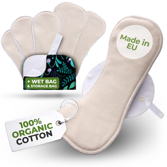 Organic Cotton Reusable Menstrual Pads with Wings 6-Pack (Sizes L & XL) - Natural Unbleached (white wings)