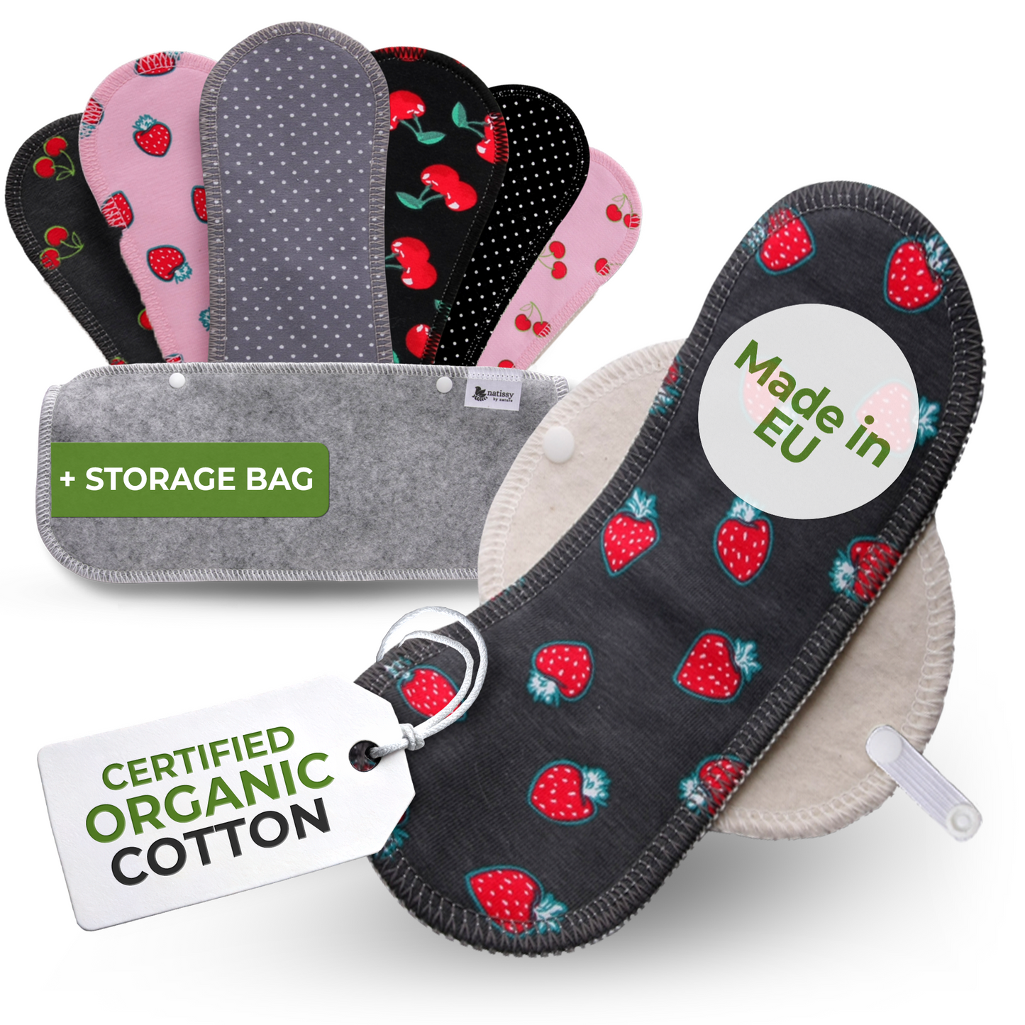 Organic Cotton Reusable Panty Liners with Wings 7-Pack (heavy discharge) - Fruity (white wings)