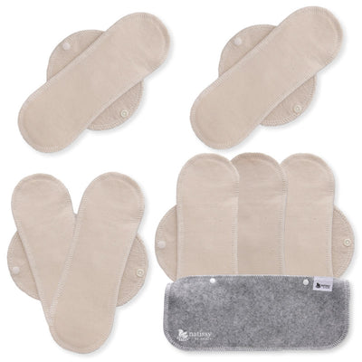 Reusable Panty liners, 7-Pack of Organic Cotton Reusable Sanitary Pantyliners with Wings; MADE IN EU; for Vaginal Discharge and Everyday Cleanliness; Non-irritating, Anti-allergic, Antibacterial; for Daily Usage and in case of White Discharge; Washable Cloth Pads w/o Chemicals; Reusable Liners