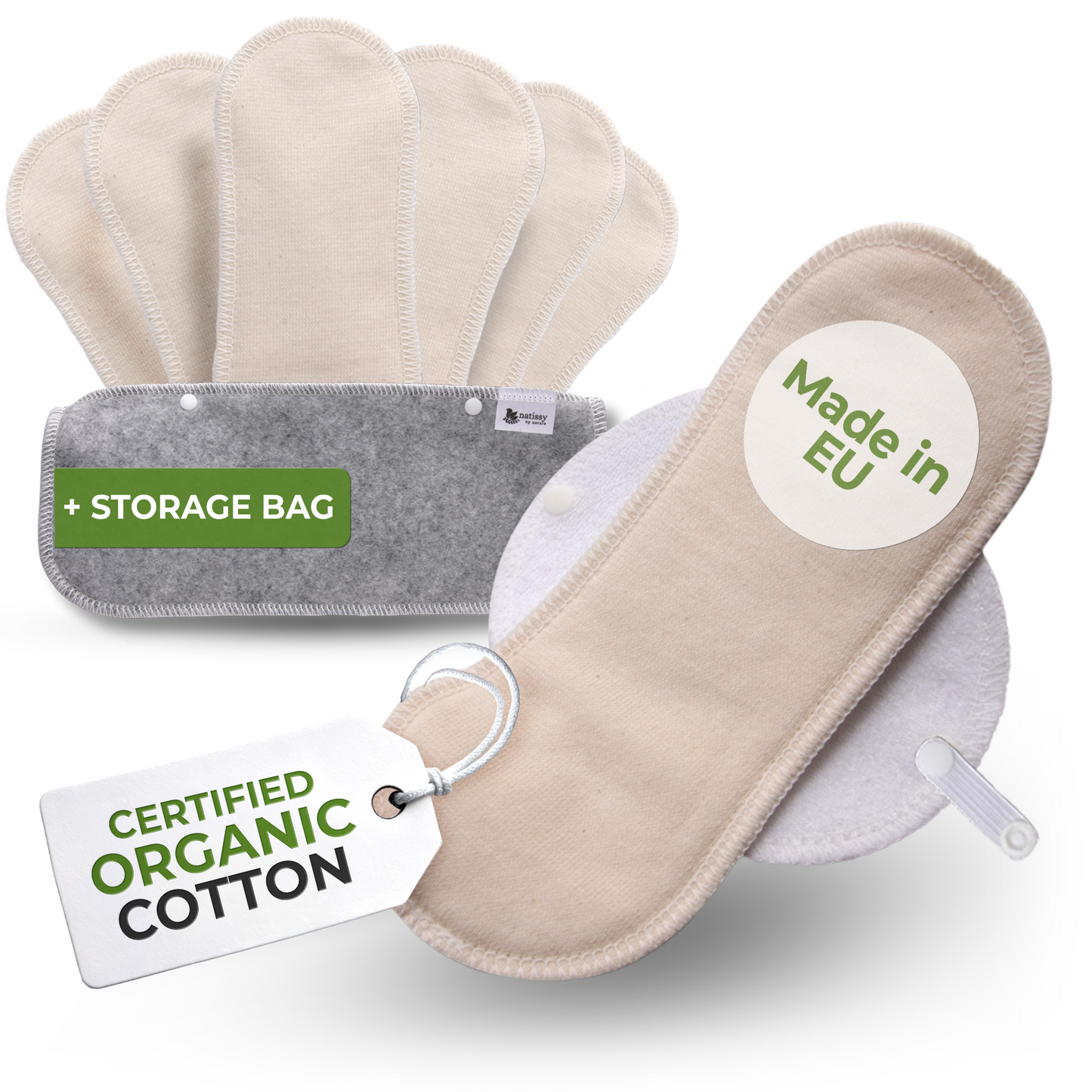Organic Cotton Reusable Panty Liners with Wings 7-Pack (heavy discharge) - Natural Unbleached (white wings)
