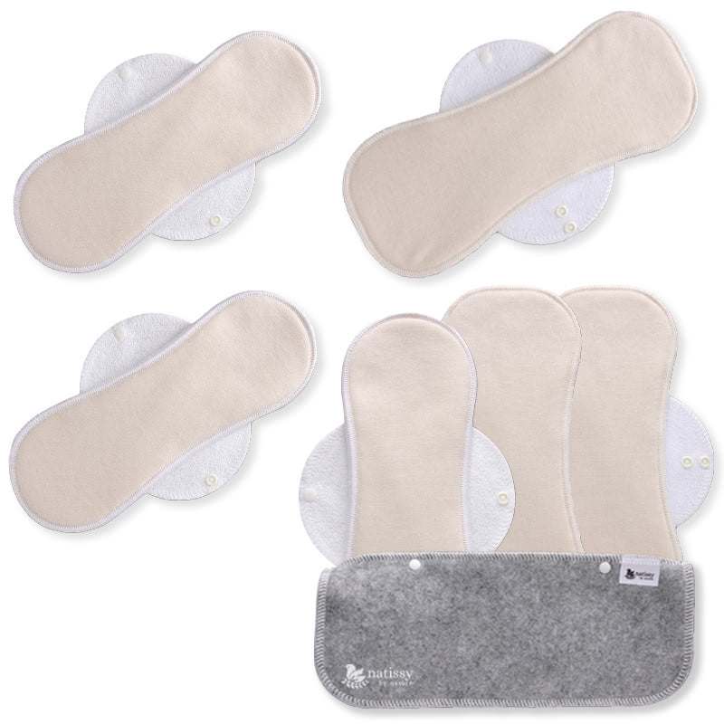 Reusable Menstrual Pads, 6-Pack Organic Cotton Reusable Sanitary Towels with Wings (size L & XL), MADE IN EU, for Menstrual Periods and Incontinence; EXTRA Double Wet Bag with Strap; Reusable Incontinence Towel