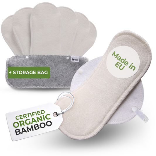 Certified Bamboo Reusable Panty Liners with Wings 7-Pack (heavy discharge) - Natural (white wings)