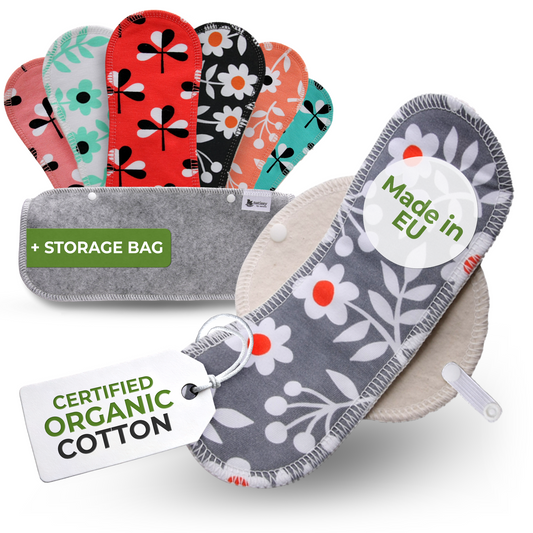 Organic Cotton Reusable Panty Liners with Wings 7-Pack (heavy discharge) - Flowers (white wings)