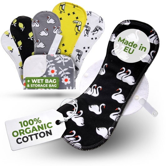 Organic Cotton Reusable Menstrual Pads with Wings 6-Pack (Sizes L & XL) - Lemons (white wings)