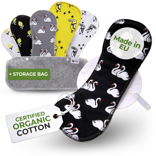 Organic Cotton Reusable Menstrual Pads with Wings 6-Pack (Sizes L & XL) - Lemons (white wings)