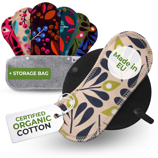 Organic Cotton Reusable Panty Liners with Wings 7-Pack (heavy discharge) - Grapes & Peackock (black wings)