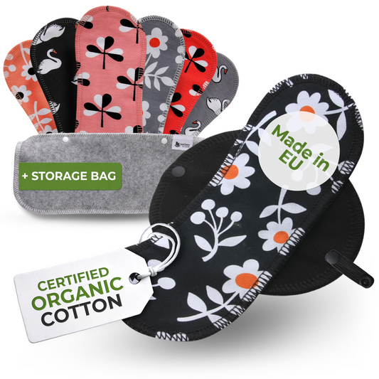 Organic Cotton Reusable Panty Liners with Wings 7-Pack (heavy discharge) - Black Swan (black wings)
