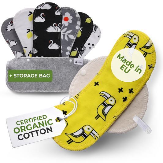 Organic Cotton Reusable Panty Liners with Wings 7-Pack (heavy discharge) - Lemons (white wings)