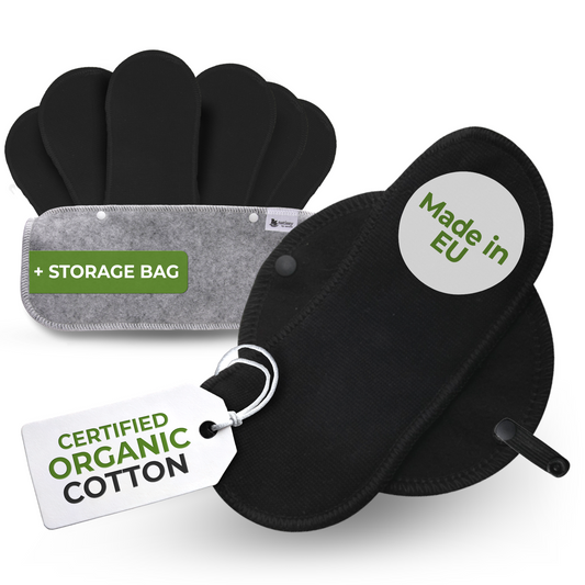 Organic Cotton Reusable Panty Liners with Wings 7-Pack (normal discharge) - Solid Black (black wings)