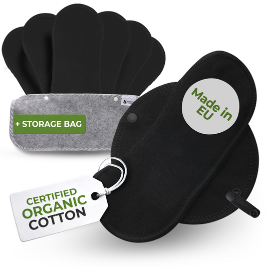 Organic Cotton Reusable Panty Liners with Wings 7-Pack (heavy discharge) - Organic Cotton (black wings)