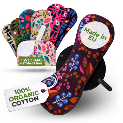 Organic Cotton Reusable Menstrual Pads with Wings Multipack (Sizes S, M, L, XL) - Grapes & Peacock (black wings)