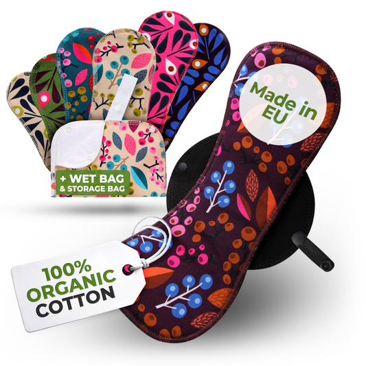 Organic Cotton Reusable Menstrual Pads with Wings Multipack (Sizes S, M, L, XL) - Grapes & Peacock (black wings)
