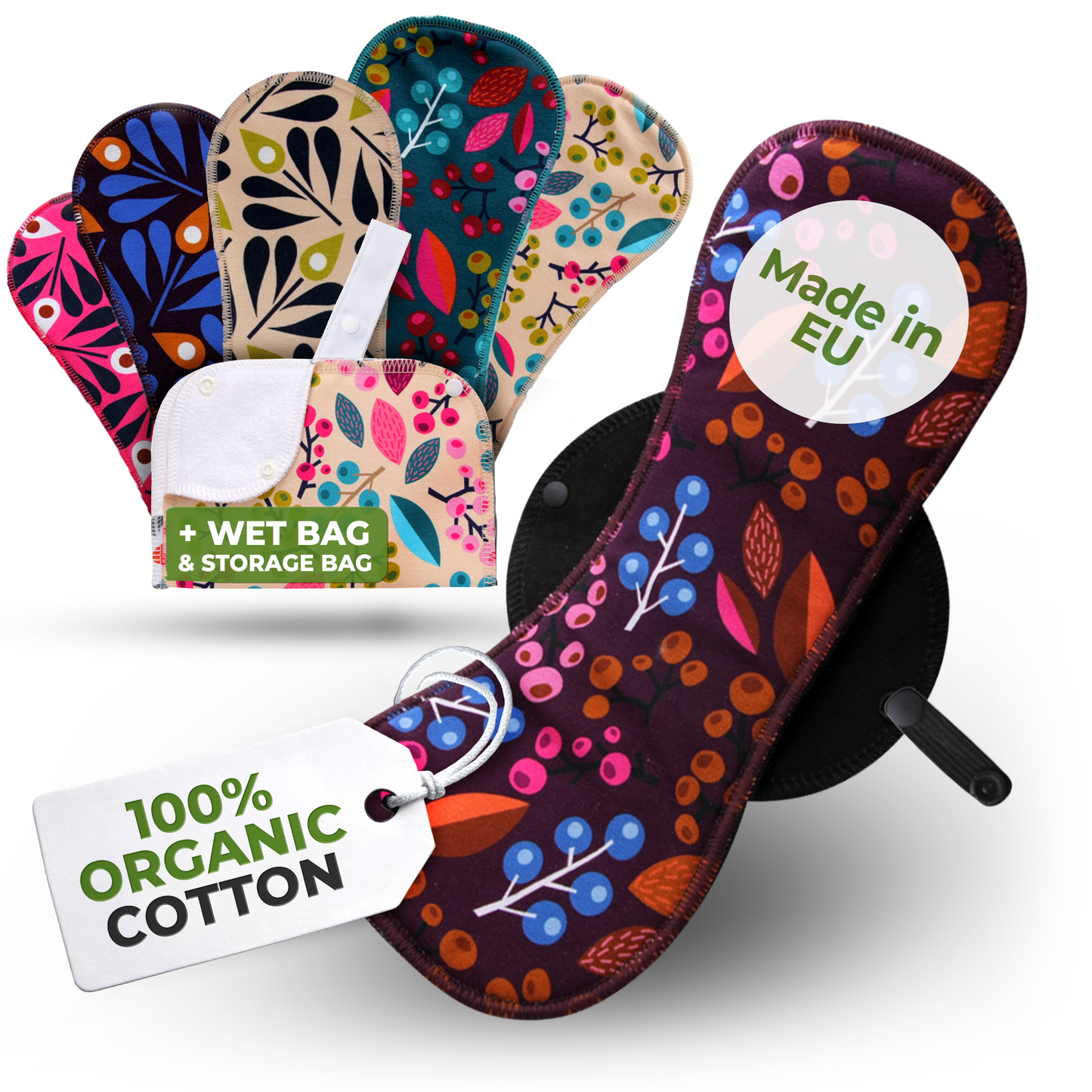 Organic Cotton Reusable Menstrual Pads with Wings 6-Pack (Sizes L & XL) - Grapes & Peacock (black wings)