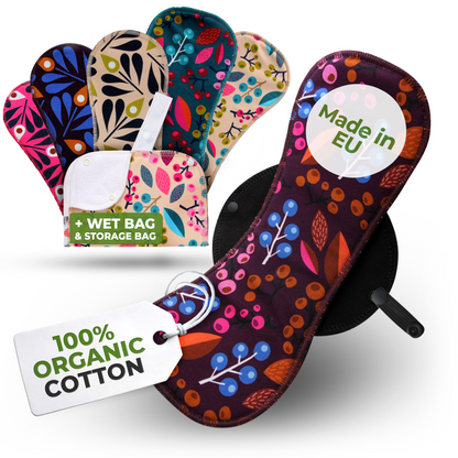 Organic Cotton Reusable Menstrual Pads with Wings 6-Pack (Sizes L & XL) - Grapes & Peacock (black wings)