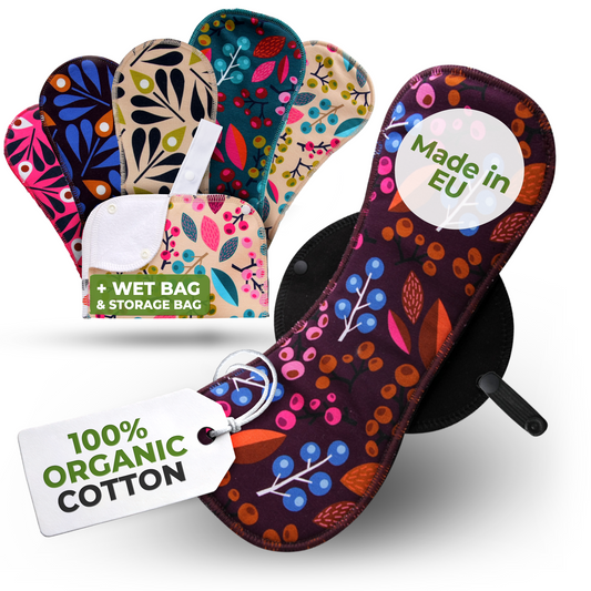 Organic Cotton Reusable Menstrual Pads with Wings 6-Pack (Sizes L & XL) - Grapes & Peacock (black wings)