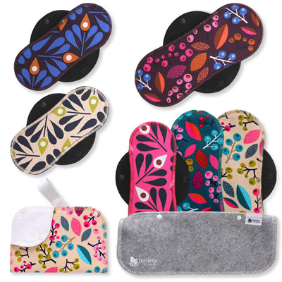 Reusable Menstrual Pads, 6-Pack Organic Cotton Reusable Sanitary Towels with Wings (size S & M), MADE IN EU, for Menstrual Periods and Incontinence; EXTRA Double Wet Bag with Strap; Washable Menstrual Cloth