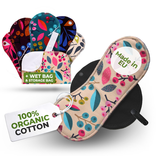 Organic Cotton Reusable Menstrual Pads with Wings 6-Pack (Sizes S & M) - Grapes & Peacock (black wings)