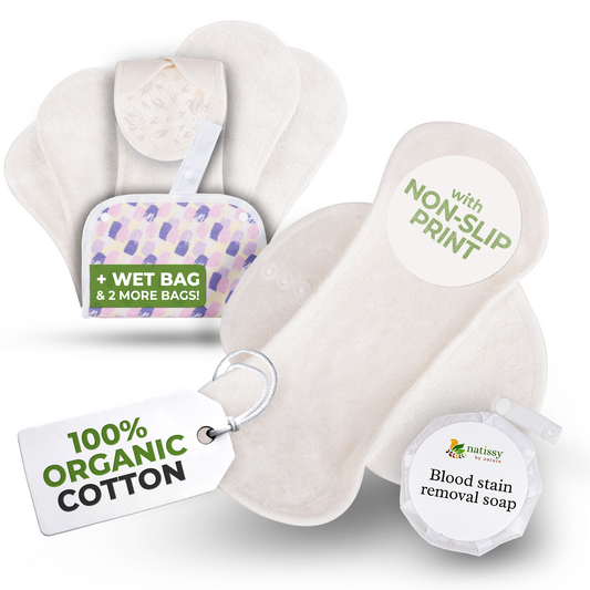 Non-Slip Organic Reusable Period Pads for Light Flow (S+M, 6-Pack) - Plain White Bamboo